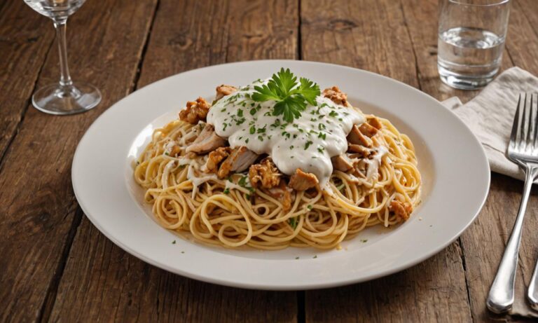Spaghete cu pui și sos alb